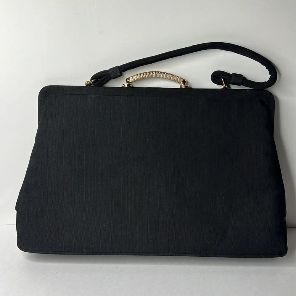 1960’s Black Large Structured Crepe Polyester Kisslock Handbag